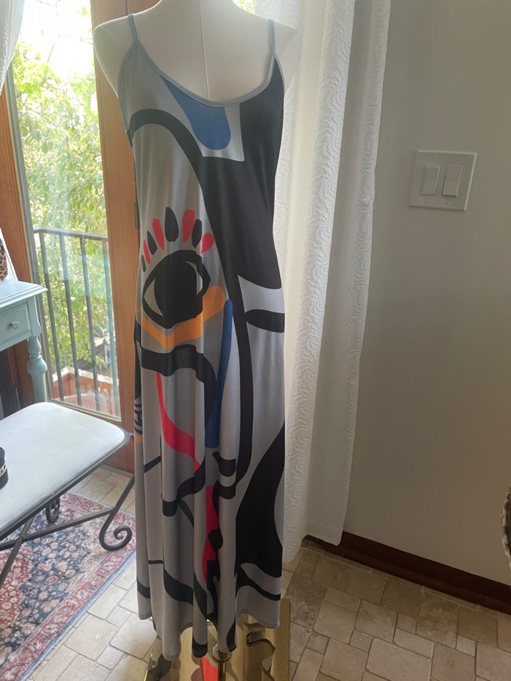Abstract Print Maxi Slip Dress in Gray with Multicolor Accents Large Art Fashion